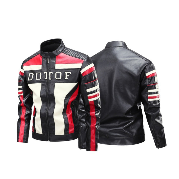 Herren Racing-Lederimitat-Bikerjacke mit Stehkragen, gesteppter Schulterpartie & Kontrast-Colourblocking Drune