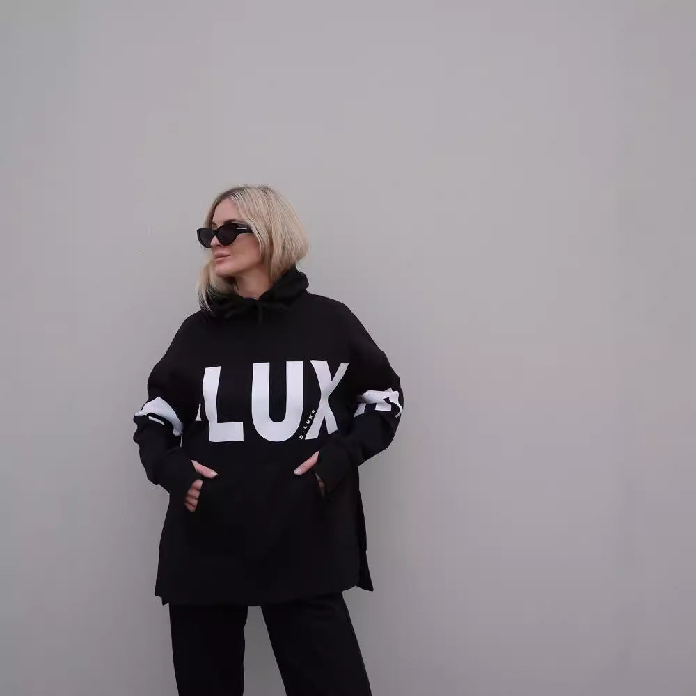 Damen Oversized Kapuzenpullover mit markantem Logoprint, Kängurutasche und Seitenschlitzen Drune