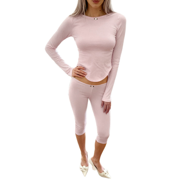 Damen nan tailliertes Langarm‑Cropped‑Top mit geschwungenem Saum und knielange Highwaist‑Leggings aus Stretchmodal Drune