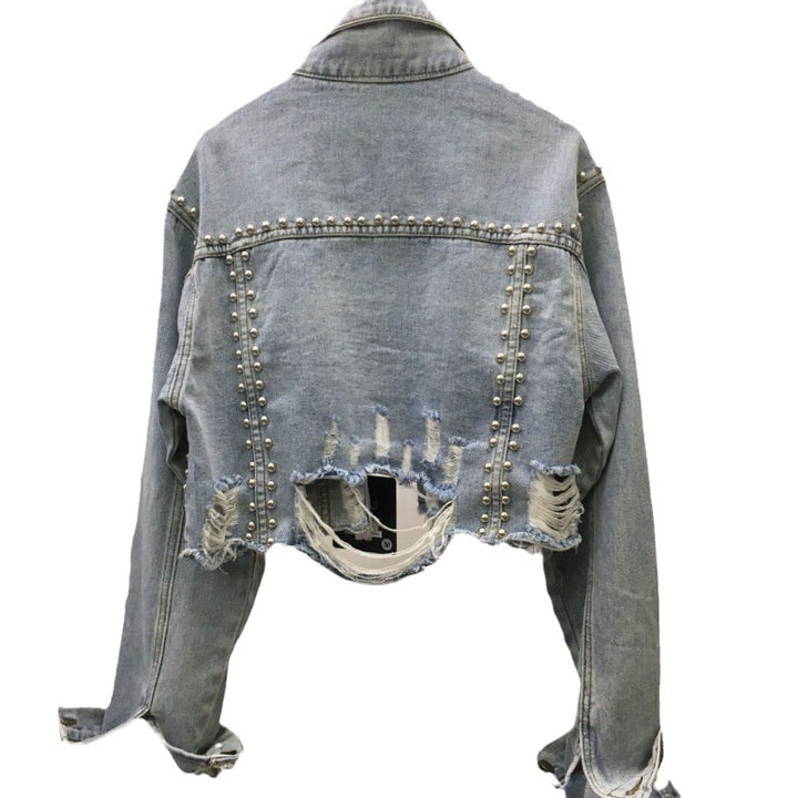 Damen Designer Denimjacke mit Nieten und Fransen Drune