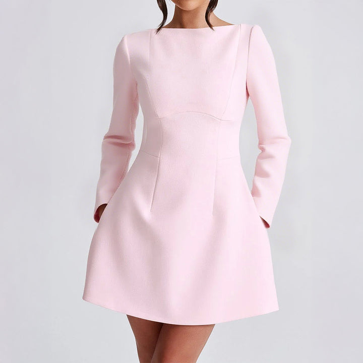 Damen nan tailliertes A-Linien Kleid mit U-Boot-Ausschnitt, langer Arm und dezenten Eingrifftaschen Drune