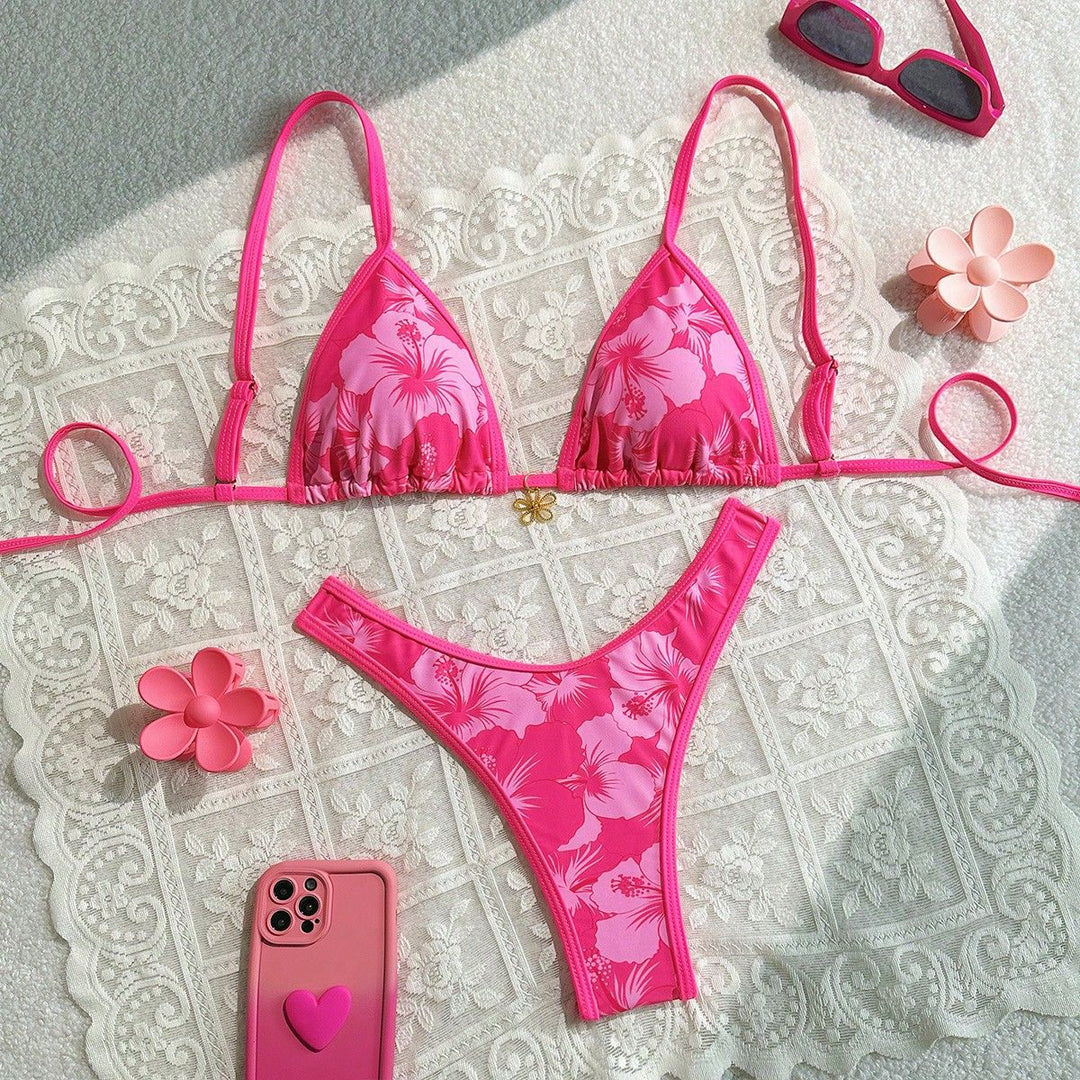 Damen Triangel-Bikini mit floralem Design und verstellbaren Trägern Drune
