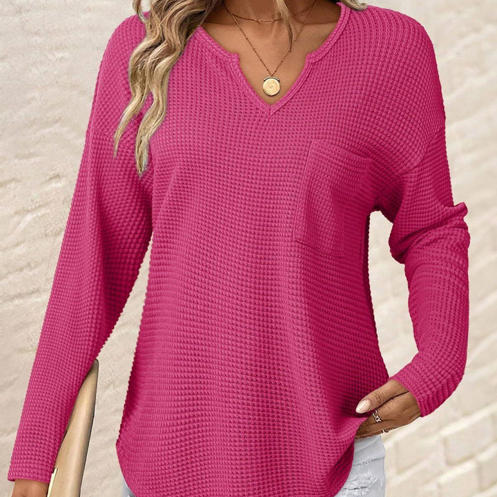 Damen Waffelstrick-Longsleeve mit V-Notch, Brusttasche und legerer Oversize-Passform Drune