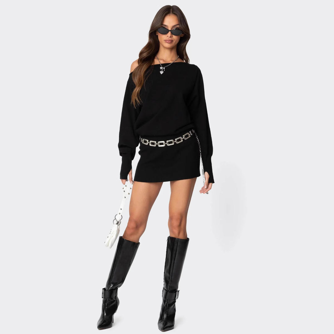 Damen lässiges Strickkleid mit asymmetrischem Ausschnitt und tailliertem Bund Drune
