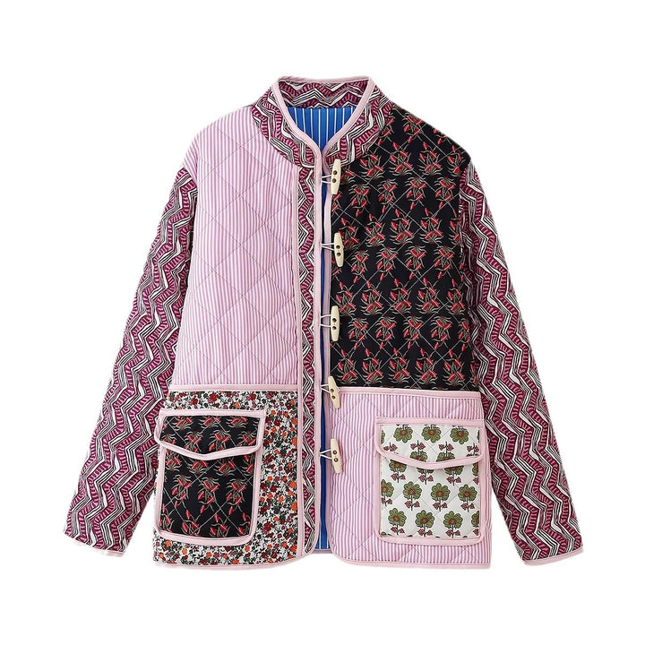 Damen gesteppte Patchwork-Jacke mit großen Taschen und dekorativen Mustern Drune