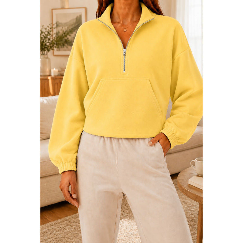 Damen Kurz geschnittener Sweatshirt-Pullover mit halbem Reißverschluss und Kängurutasche Drune