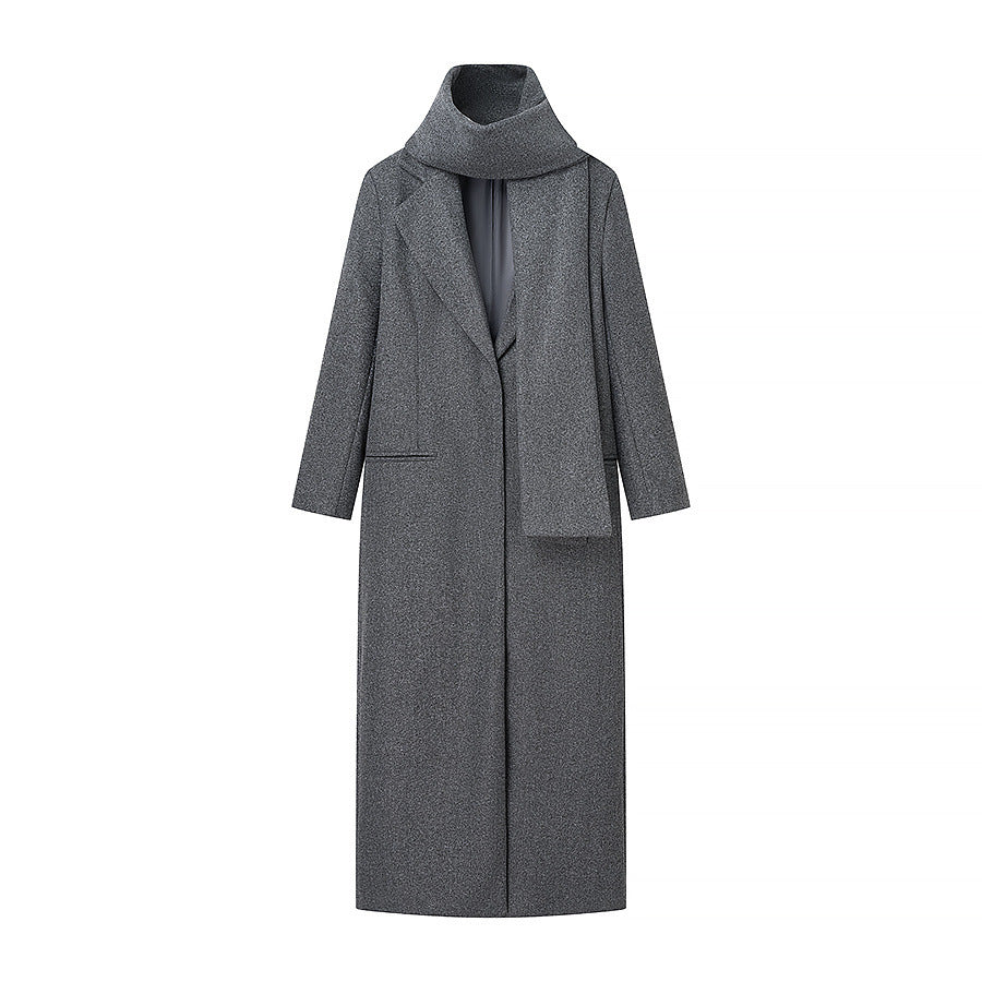 Damen nan lang geschnittener Mantel mit integriertem Rollkragen‑Schal und minimalistischer Einreiher‑Silhouette Drune