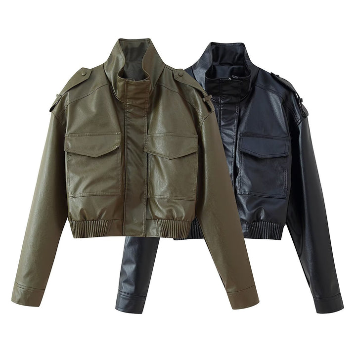 Damen Kurz geschnittene Blousonjacke aus Veganleder mit Schulterklappen und Pattentaschen Drune
