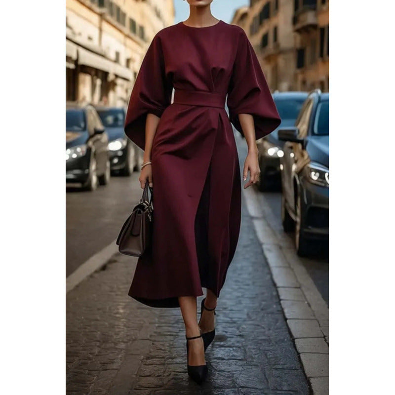 Damen Elegantes Midikleid mit weitem Kimonoärmel und tailliertem Wickelbund Drune