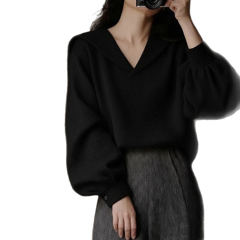 Damen Modischer Pullover mit tiefem V-Ausschnitt und weit geschnittenen Ärmeln Drune