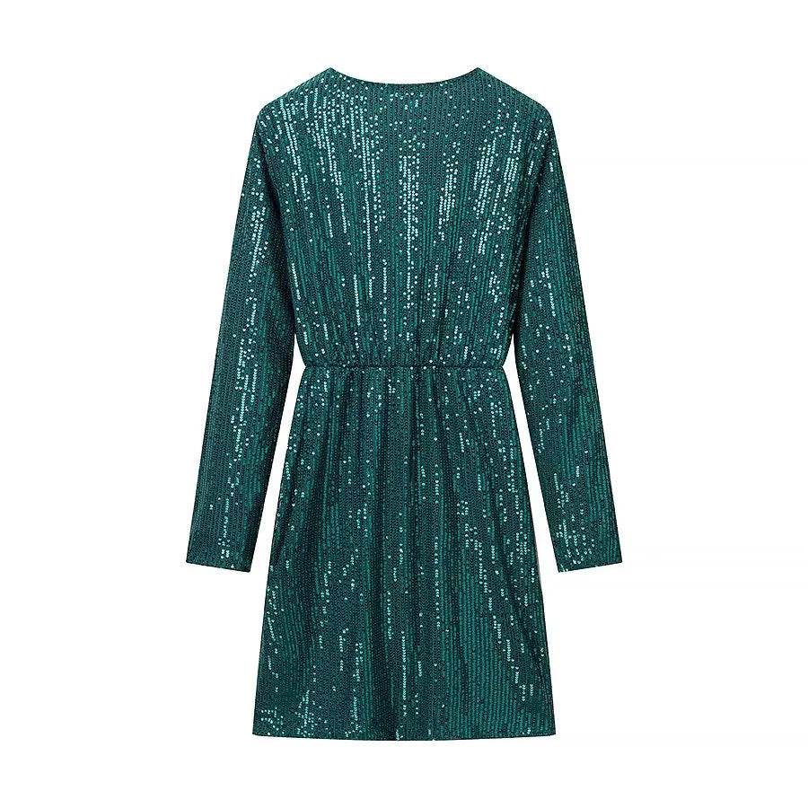 Damen nan Wickel-Minikleid mit Paillettenbesatz, tiefem V‑Ausschnitt und taillierendem Bindegürtel Drune