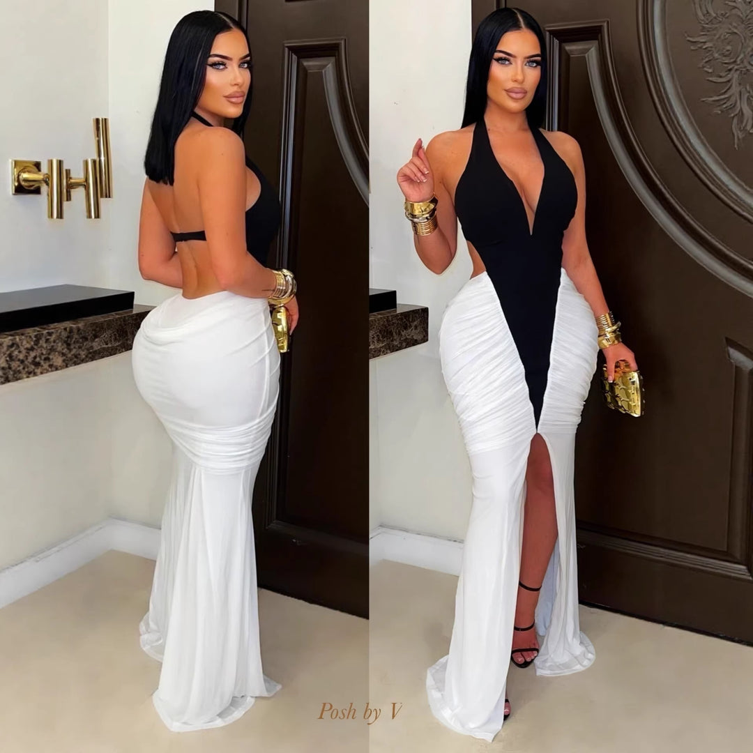 Damen Elegantes und figurbetontes Maxikleid mit Schlitz und Raffungen Drune