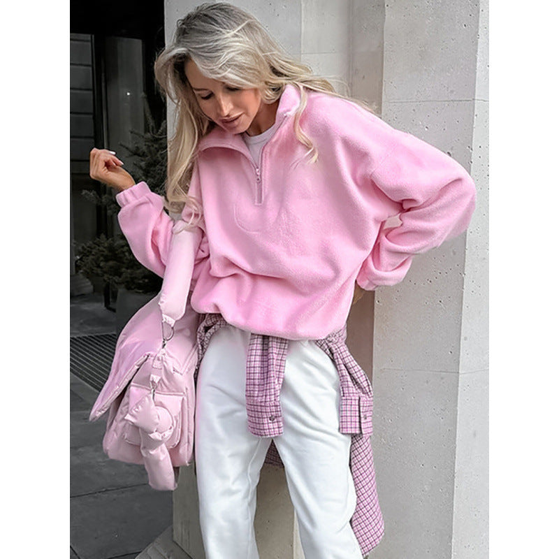 Damen Oversized Fleecepullover mit halbem Reißverschluss und Stehkragen Drune