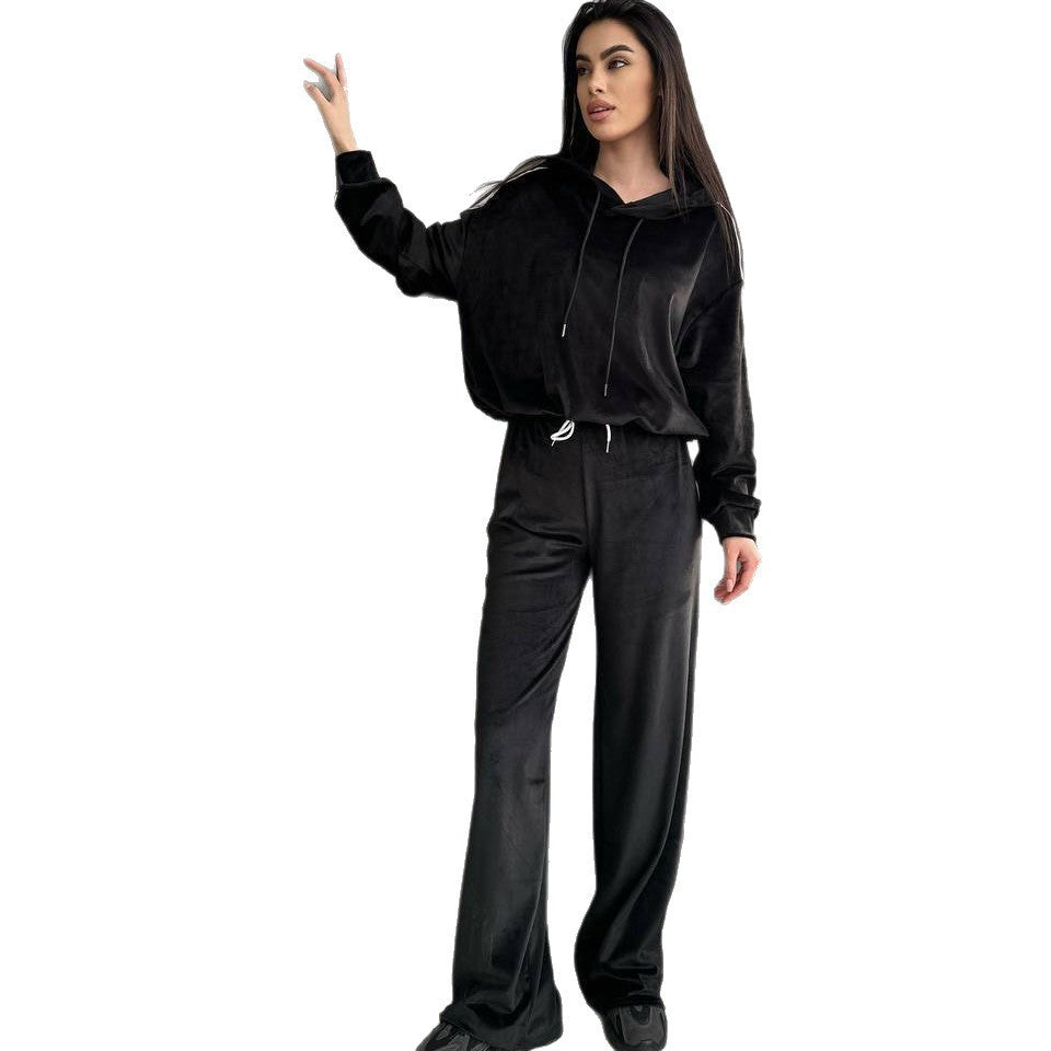 Damen Velours-Zweiteiler mit Cropped-Kapuzenpullover, sportiven Ärmeln und weiter Palazzo-Hose Drune