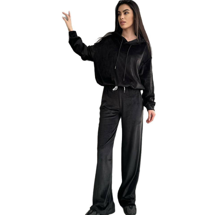 Damen Velours-Zweiteiler mit Cropped-Kapuzenpullover, sportiven Ärmeln und weiter Palazzo-Hose Drune