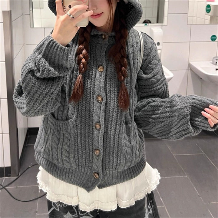 Damen Kuschelstrickjacke mit Kapuze und großen Taschen Drune