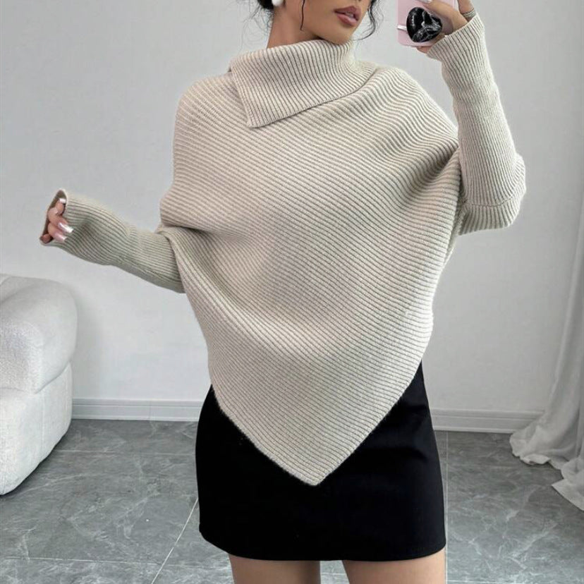 Damen Asymmetrischer Rippenstrick-Poncho mit hohem Rollkragen und verlängerten Ärmeln Drune