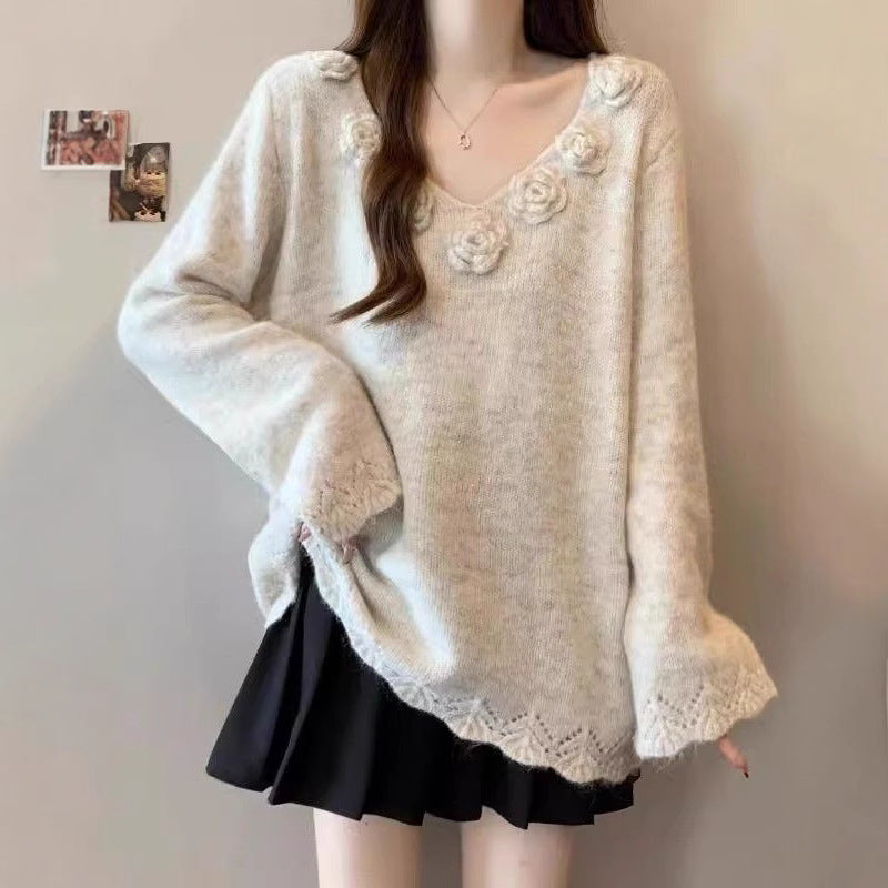 Damen Großer Strickpullover mit floralen Applikationen Drune