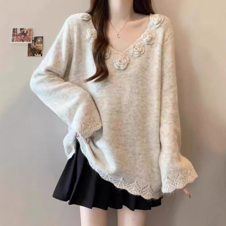 Damen Großer Strickpullover mit floralen Applikationen Drune