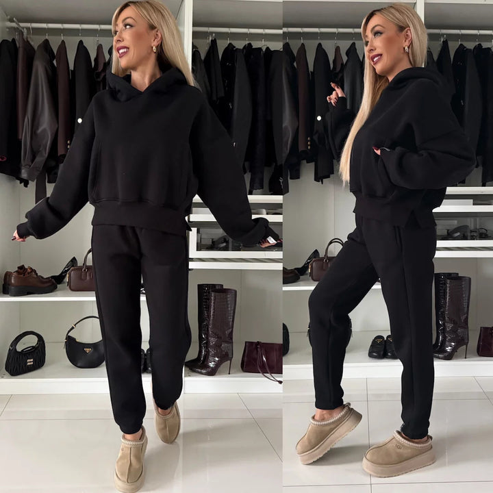 Damen Kurzgeschnittenes Kapuzen-Hoodie und High‑Waist Jogginghose Set aus weichem French-Terry Drune
