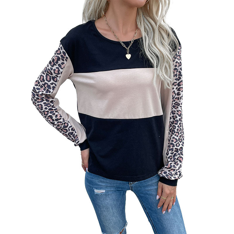 Damen Colorblock-Sweatshirt mit Leopardenärmeln und Rundhalsausschnitt Drune
