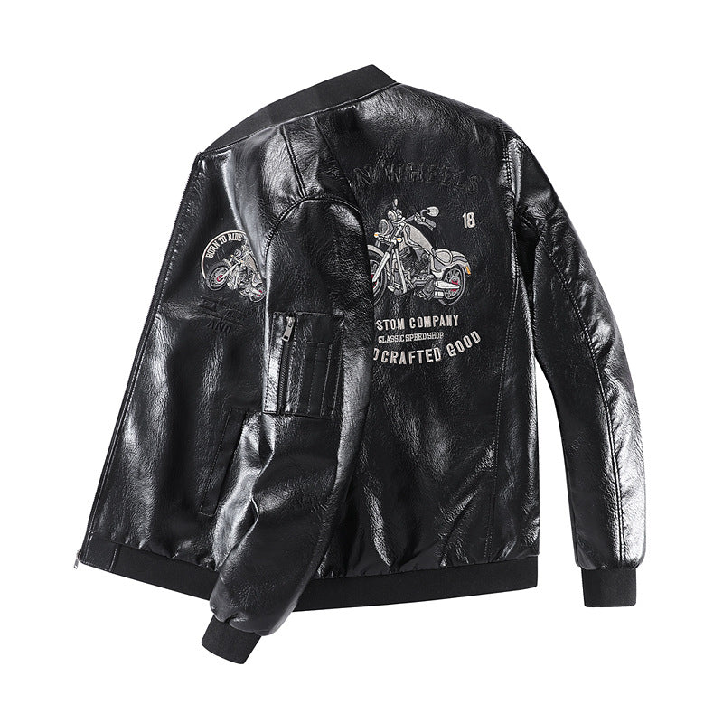 Herren Modische Kunstleder-Bomberjacke mit detaillierten Stickereien Drune