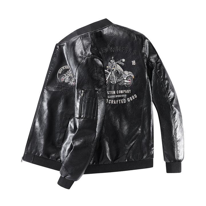 Herren Modische Kunstleder-Bomberjacke mit detaillierten Stickereien Drune