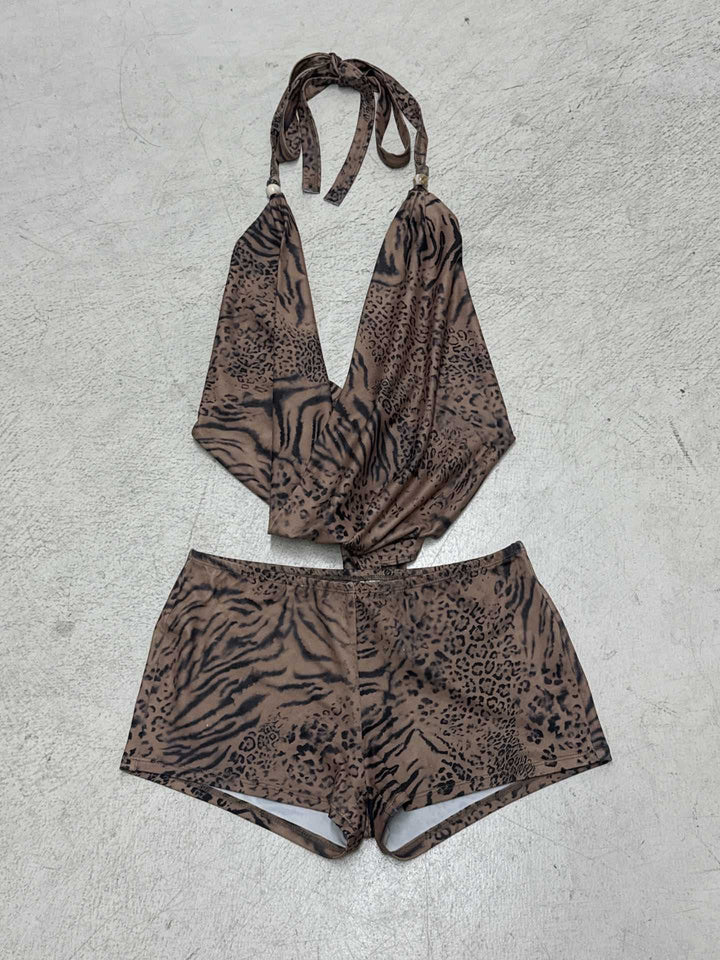 Damen Sportoberteil und Shorts Set mit Tiermuster Drune
