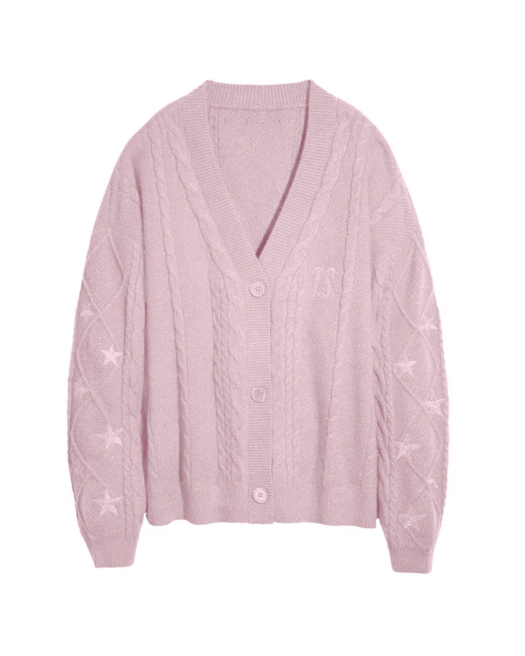 Damen nan großzügiger Grobstrick-Cardigan mit Zopfmuster, V-Ausschnitt und Sternstickereien Drune