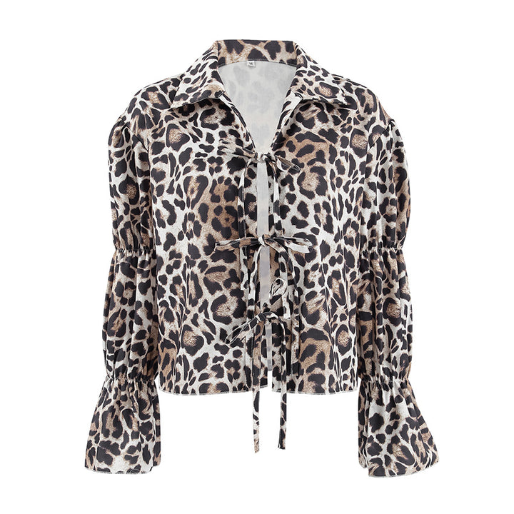 Damen Modische Bluse mit Leopardenmuster und Rüschenärmeln Drune