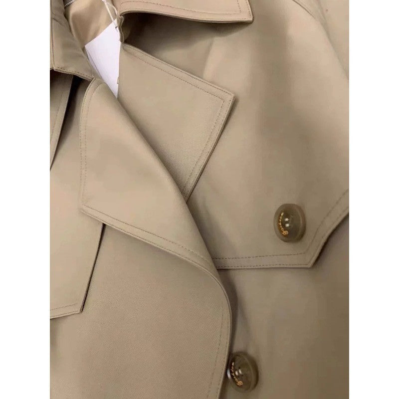 Damen Eleganter Midi-Trenchcoat mit Oversize-Schulterklappe, gerafften Ärmeln und taillierendem Bindegürtel Drune