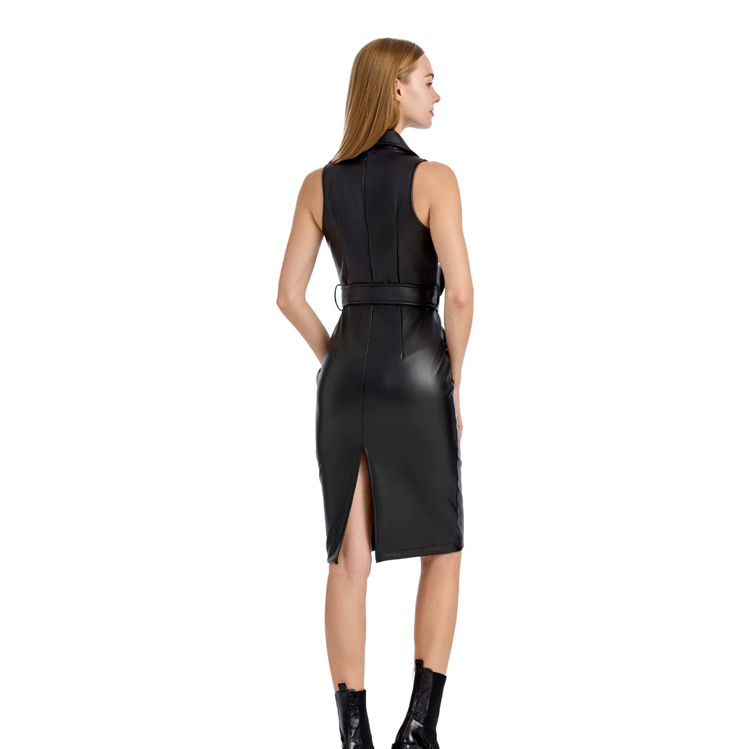 Damen Ärmelloses tailliertes Bleistiftkleid aus Lederoptik mit Reverskragen Drune