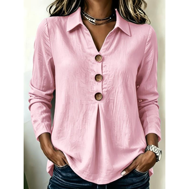 Damen Langarm-Bluse mit Holzknopfleiste und Vorderfalte Drune