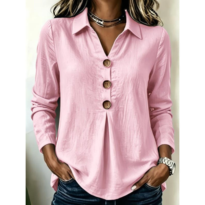 Damen Langarm-Bluse mit Holzknopfleiste und Vorderfalte Drune