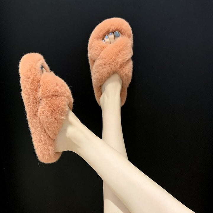 Damen Flauschige Hausschlappen mit gewendeten Riemen und ergonomischem Fußbett Drune