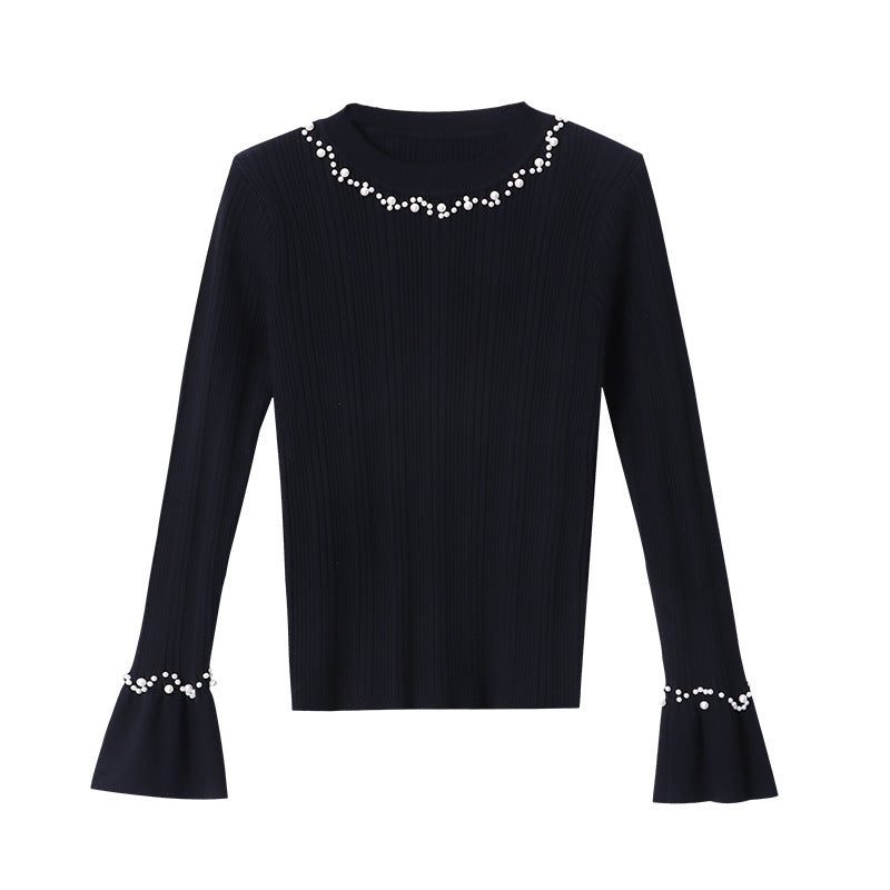 Damen Langarm Pullover mit Perlenschmuck Drune