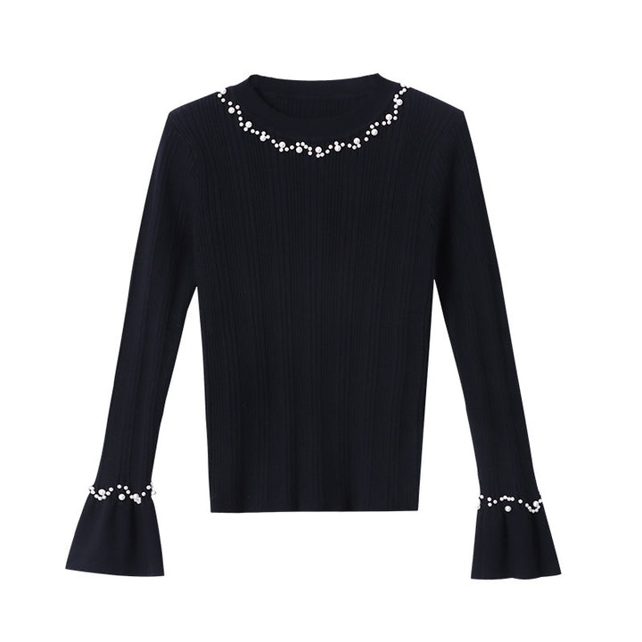 Damen Langarm Pullover mit Perlenschmuck Drune