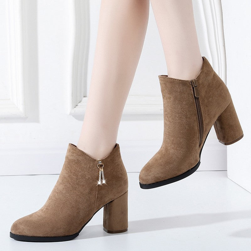 Damen Wärmende Samtvelours-Stiefeletten mit hohem Blockabsatz und seitlichem Reißverschluss Drune