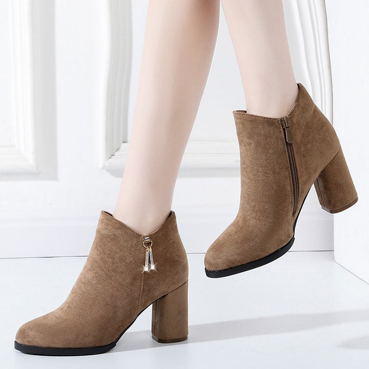 Damen Wärmende Samtvelours-Stiefeletten mit hohem Blockabsatz und seitlichem Reißverschluss Drune