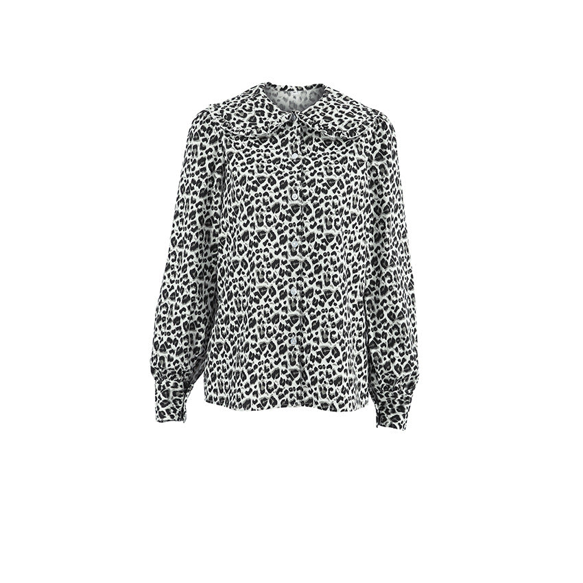 Damen Modische Bluse mit Leopardenmuster und voluminösen Ärmeln Drune