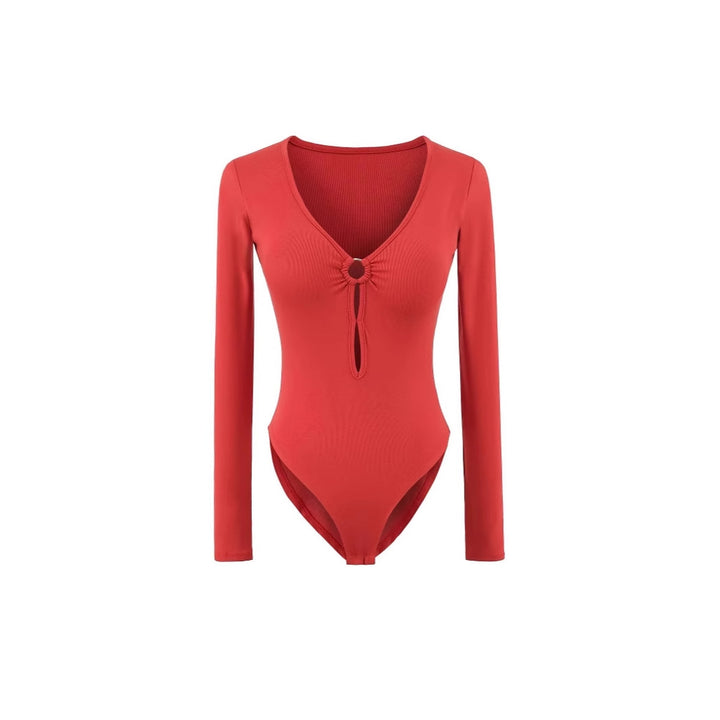 Damen Langarm Bodysuit mit elegantem V-Ausschnitt und dekorativem Ringdetail Drune