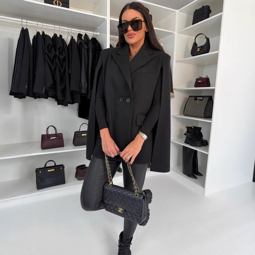 Damen Eleganter Cape-Blazer mit doppelter Knopfleiste und klaren Linien Drune