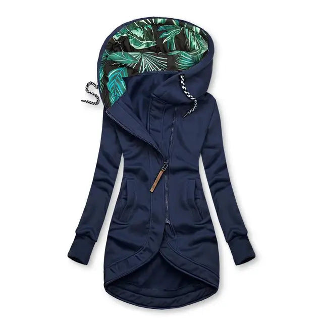 Damen asymmetrische Parka mit gefütterter tropischer Druckkapuze Drune