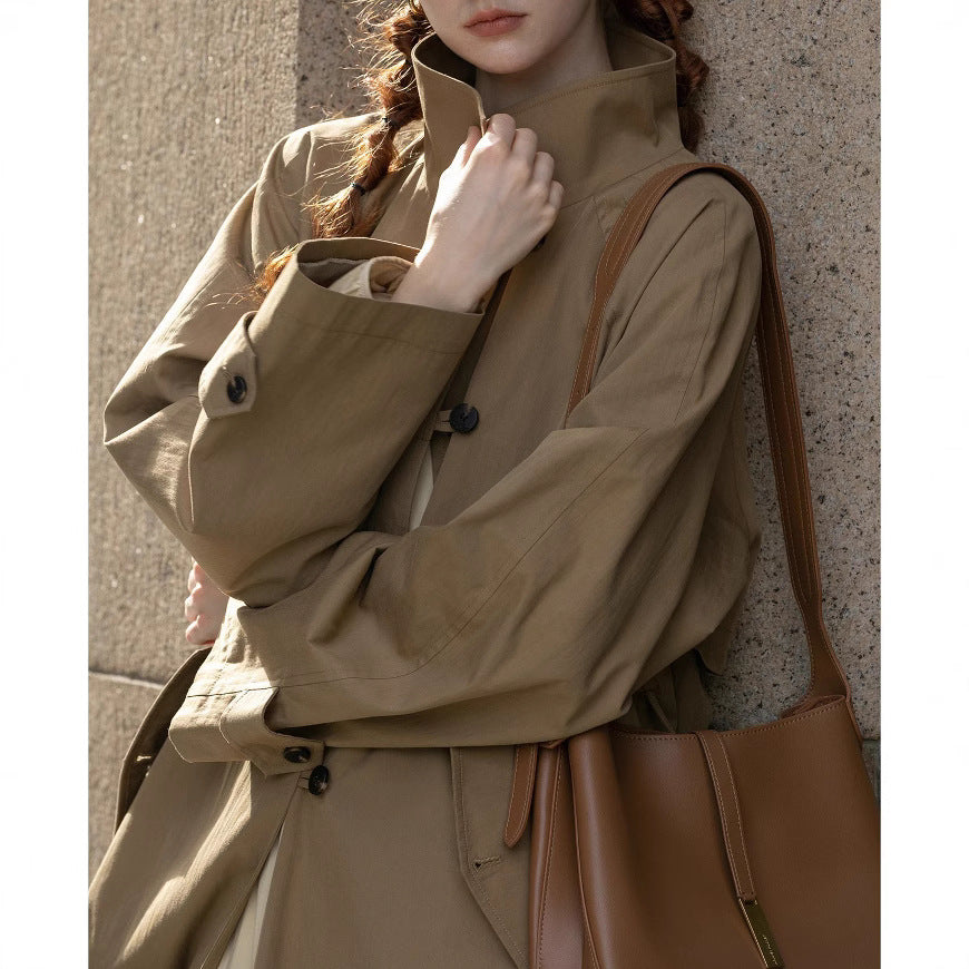 Damen Leichter Oversize-Trenchcoat mit hohem Stehkragen, verstellbaren Manschetten & Bindegürtel Drune