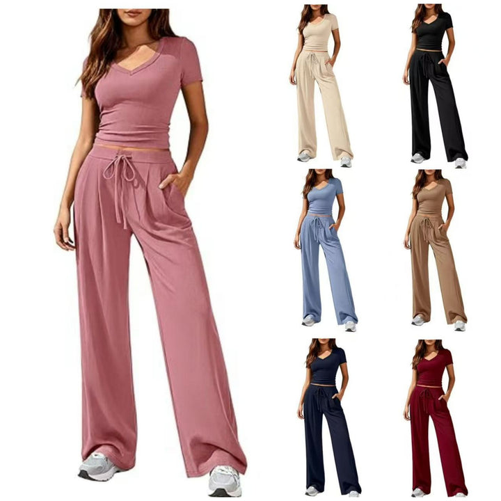 Damen Lässiges Lounge-Set mit tailliertem V-Ausschnitt bauchfreiem Top und weitem Kordelbund-Hose Drune