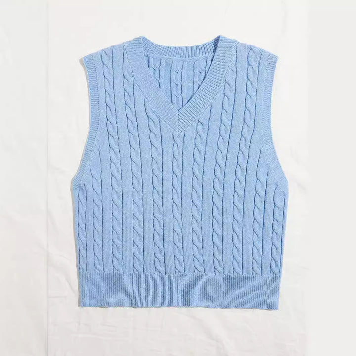 Damen Gestrickte ärmellose Zopfmuster-Pulloverweste mit V-Ausschnitt Drune