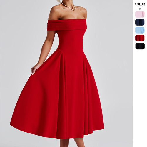 Damen elegantes Abendkleid mit schulterfreiem Design und voluminösem Rock Drune