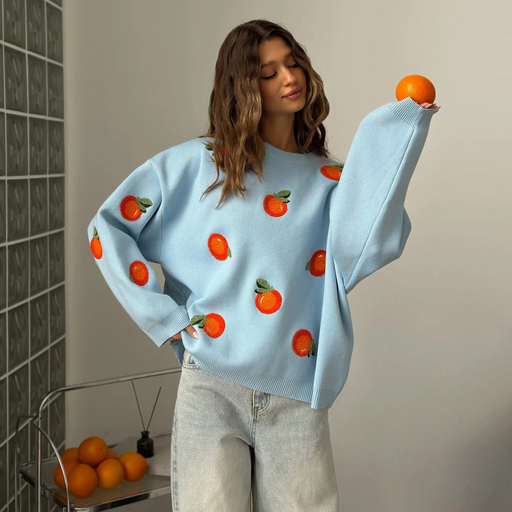 Damen Oversized Pullover mit bunten Stickdetails Drune