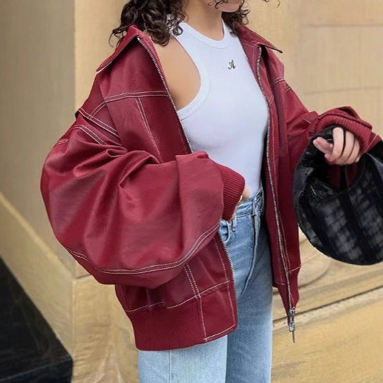 Damen moderne Kunstlederjacke im sportlichen Schnitt mit praktischen Taschen Drune