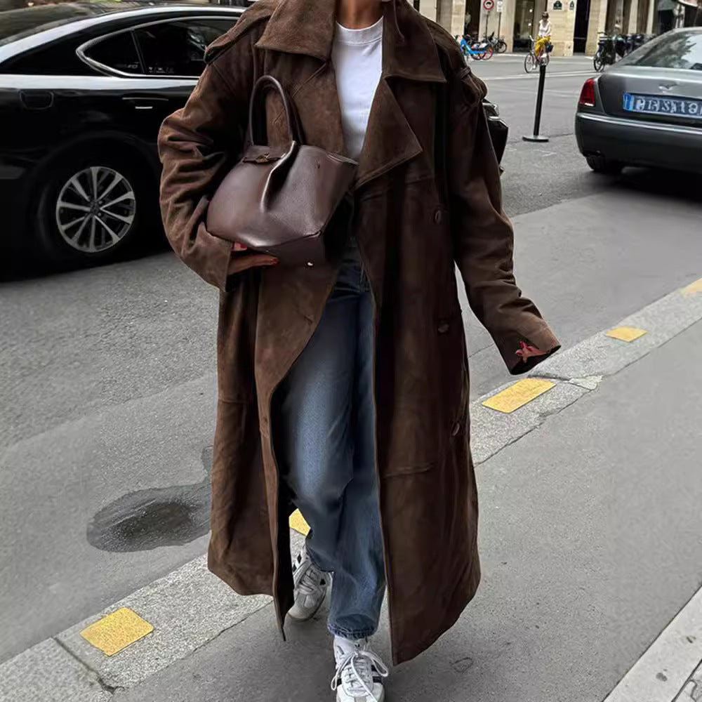 Damen Eleganter Suede-Trenchcoat mit großzügigem Schnitt Drune